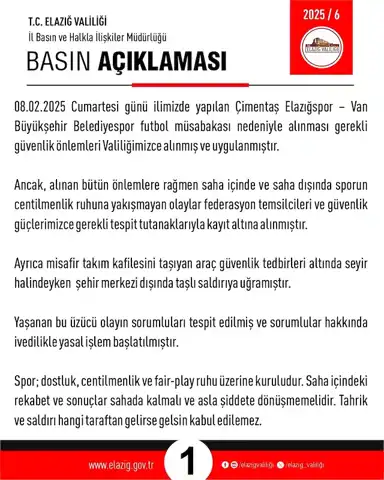Elazığ Valiliği'nden Maç Olaylarına Sert Tepki